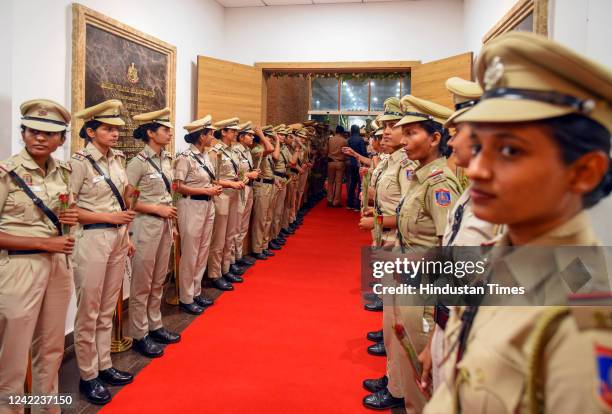 Police personnel during the Commissioner Rakesh Asthana signs off Ceremony at Police headquarters, on July 31, 2022 in New Delhi, India. The Centre...