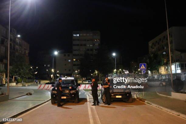 Gendarmeries and security forces block the road as security measures taken around the city while air raid sirens heard along near the Kosovo/Serbian...