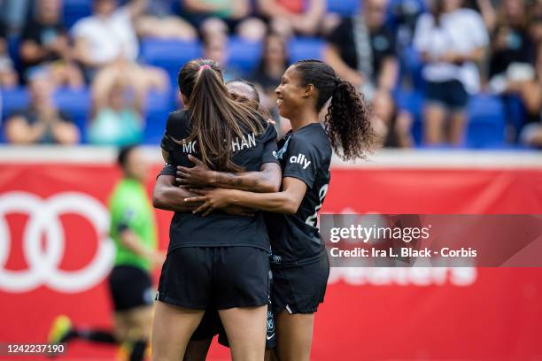 Paige Monaghan of NJ/NY Gotham FC celebrates her goal with Taylor Smith of NJ/NY Gotham FC and Margaret Purce of NJ/NY Gotham FC in the first half of...