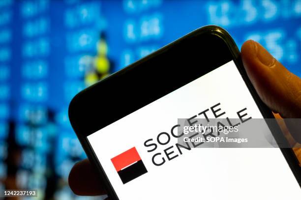 In this photo illustration, the French multinational investment bank and financial services company Societe Generale logo is displayed on a...