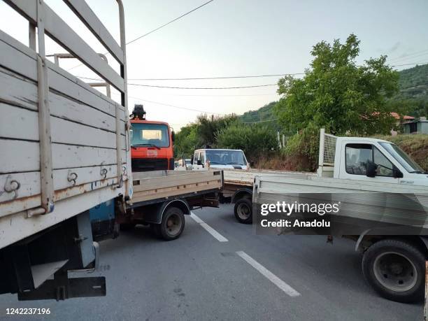 Vehicles block the road as security measures taken around the city while air raid sirens heard along near the Kosovo/Serbian border on July 31, 2022.