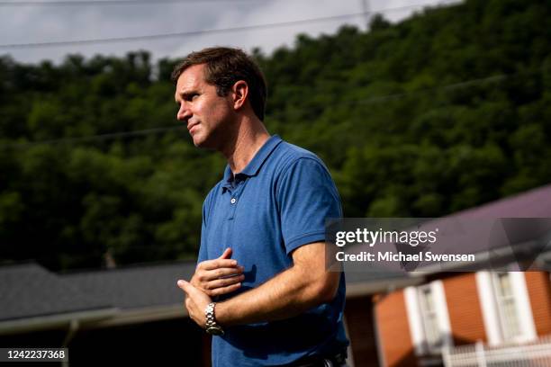 Kentucky Governor Andy Beshear speaks to the press on July 31, 2022 in Whitesburg, Kentucky. At least 28 people have been killed in the state, with...