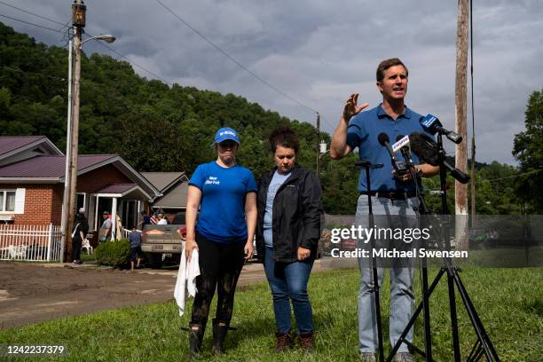 Kentucky Governor Andy Beshear speaks to the press with Mayor of Whitesburg Tiffany Craft and State Representative Angie Hatton on July 31, 2022 in...