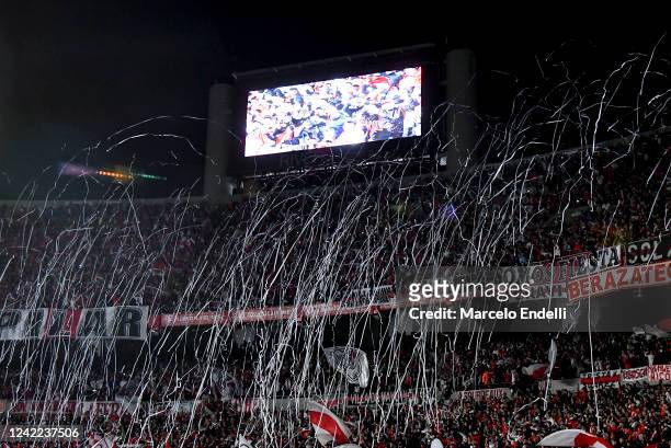 Fans of River Plate cheer for their team before a match between River Plate and Sarmiento as part of Liga Profesional 2022 at Estadio Monumental...
