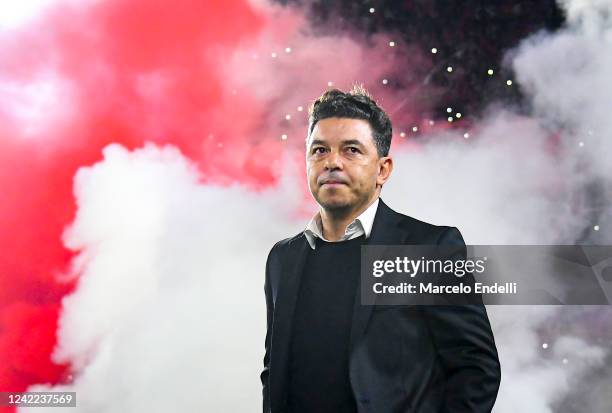 Marcelo Gallardo coach of River Plate looks on before a match between River Plate and Sarmiento as part of Liga Profesional 2022 at Estadio...