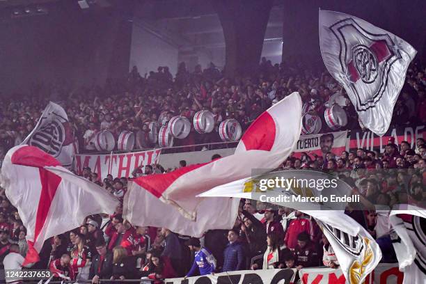 Fans of River Plate cheer for their team before a match between River Plate and Sarmiento as part of Liga Profesional 2022 at Estadio Monumental...