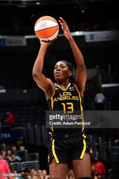 Chiney Ogwumike of the Los Angeles Sparks shoots a free throw during the game against the Minnesota Lynx on July 31, 2022 at Crypto.com Arena in Los...