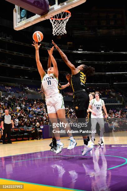 Natalie Achonwa of the Minnesota Lynx drives to the basket during the game against the Los Angeles Sparks on July 31, 2022 at Crypto.com Arena in Los...