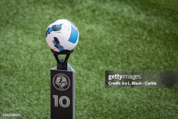 The game ball stands on a pedestal that says 10 Years of NWSL on the pitch before the National Women's Soccer League match between NJ/NY Gotham FC...