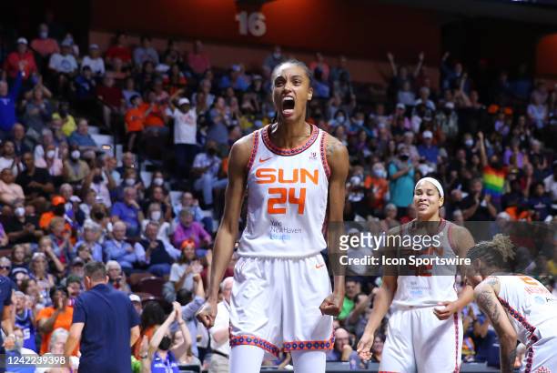 Connecticut Sun forward DeWanna Bonner reacts during a WNBA game between Chicago Sky and Connecticut Sun on July 31 at Mohegan Sun Arena in...