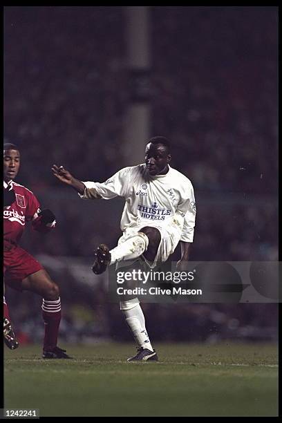 Tony Yeboah of Leeds United in action during F.A Cup sixth round replay against Liverpool at Anfield.