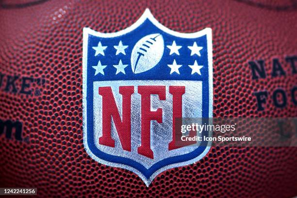 Detail view of the NFL Crest logo is seen on a football during the the Chicago Bears Training Camp on July 30, 2022 at Halas Hall in Lake Forest, IL.