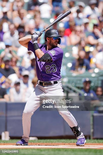 Colorado Rockies left fielder Kris Bryant bats during an MLB game against the Milwaukee Brewers on July 24, 2022 at American Family Field in...