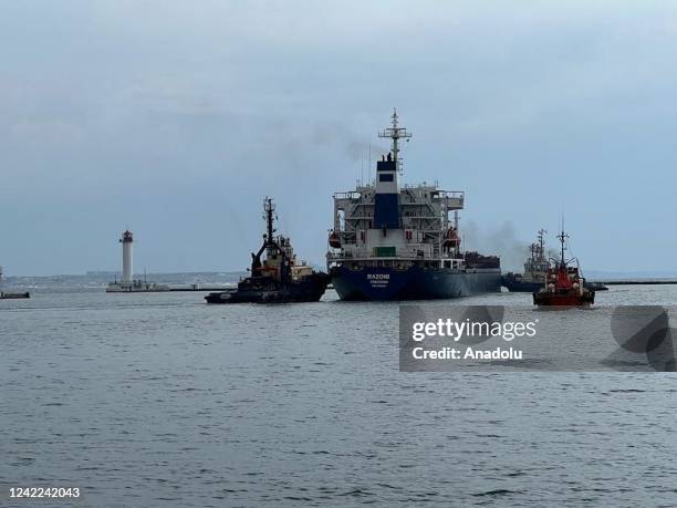 Sierra Leone-flagged dry cargo ship Razoni departs from port of Odesa in Odessa, Ukraine on August 01, 2022 as part of a recent grain export deal...