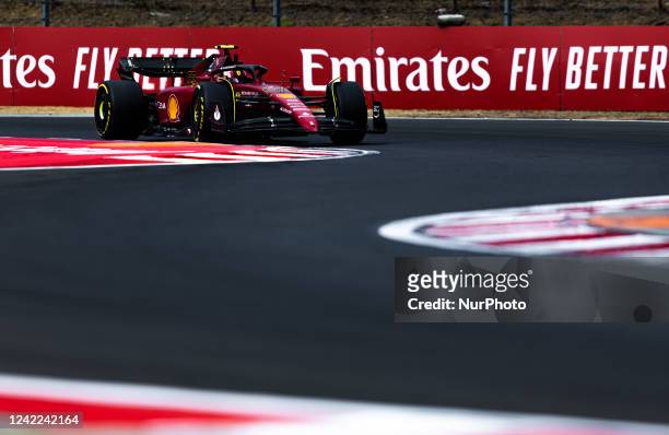 Carlos Sainz of Spain and Scuderia Ferrari driver goes during the race at Hungarian Aramco Formula 1 Grand Prix on July 31, 2022 in Mogyoród, Hungary.