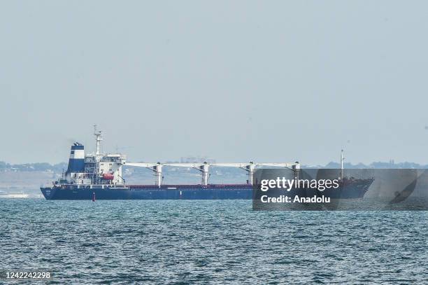 Sierra Leone-flagged dry cargo ship Razoni departs from port of Odesa in Odessa, Ukraine on August 01, 2022 as part of a recent grain export deal...