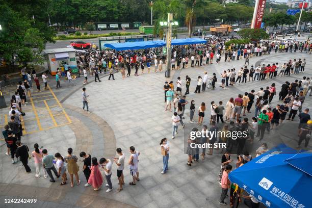 This photo taken on July 31, 2022 shows residents queueing to undergo nucleic acid tests for the Covid-19 coronavirus at a swab collection site in...