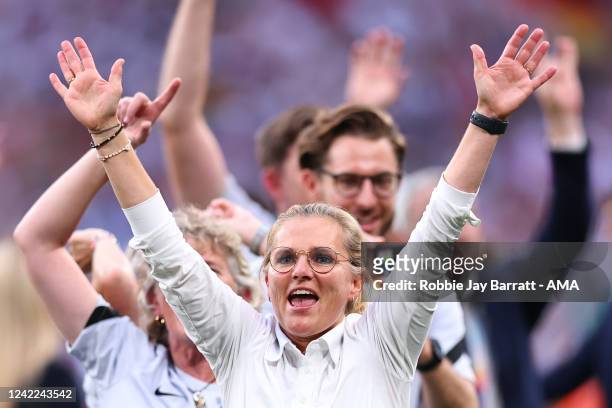 Sarina Wiegman the head coach / manager of England Women celebrates during the UEFA Women's Euro England 2022 final match between England and Germany...
