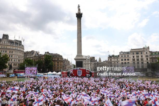 Football fans gather during a victory party in Trafalgar Square in central London on August 1 a day after England beat Germany 2-1 to win the Women's...