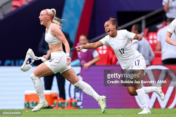 Chloe Kelly of England Women celebrates after scoring a goal to make it 2-1 during the UEFA Women's Euro England 2022 final match between England and...