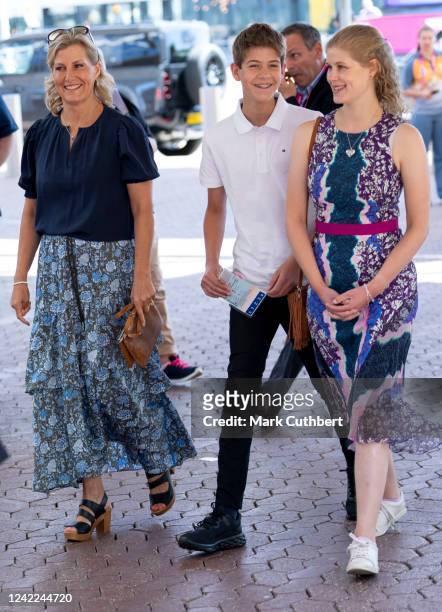 Sophie, Countess of Wessex with Lady Louise Windsor and James Viscount Severn arrive at the NEC for the 2022 Commonwealth Games on August 1, 2022 in...