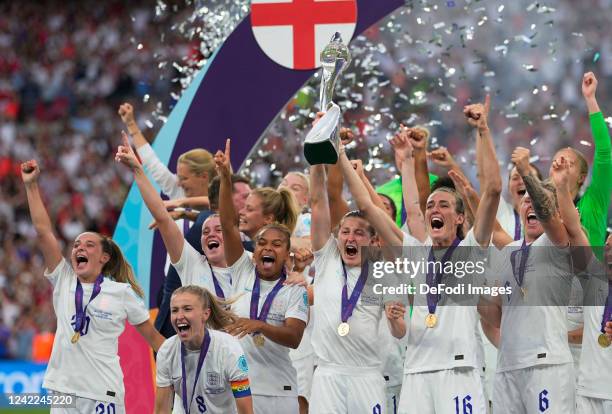 Celebrates after winning the UEFA Women's Euro England 2022 final match between England and Germany at Wembley Stadium on July 31, 2022 in London,...