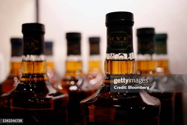 Bottles of Jim Beam brand bourbon whiskey for sale at the James B. Beam distillery in Clermont, Kentucky, US, on Tuesday, July 26, 2022. Kentucky is...