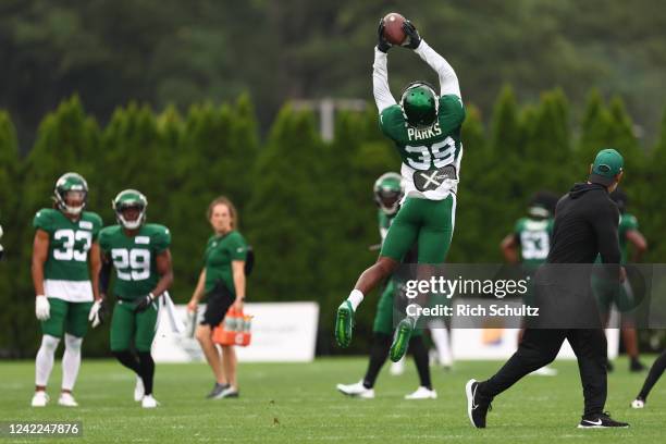 Safety Will Parks of the New York Jets makes a catch during training camp at Atlantic Health Jets Training Center on August 1, 2022 in Florham Park,...