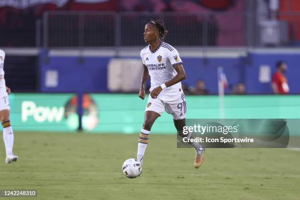 Los Angeles Galaxy forward Kévin Cabral advances the ball during the match between FC Dallas and LA Galaxy on July 30, 2022 at Toyota Stadium in...