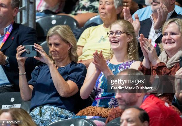 Sophie, Countess of Wessex and Lady Louise Windsor watch the weightlifting at the NEC during the 2022 Commonwealth Games on August 1, 2022 in...