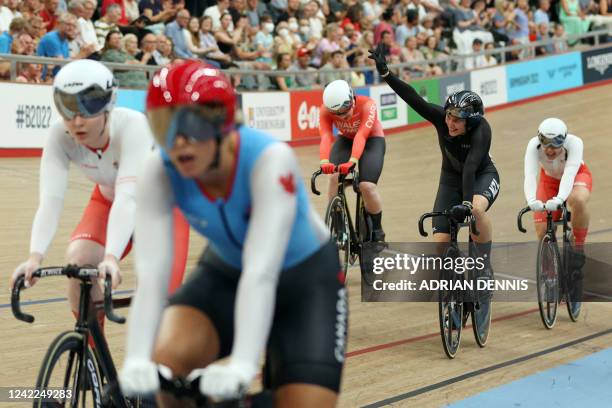 New Zealand's Ellesse Andrews celebrates after winning in the women's keirin final on day four of the Commonwealth Games, at the Lee Valley VeloPark...