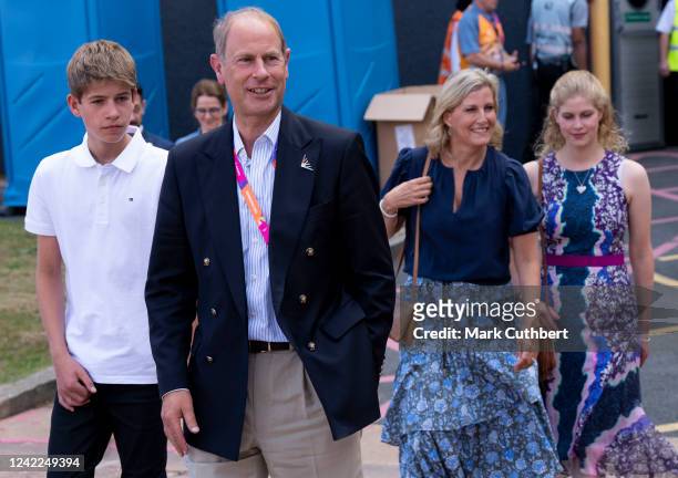 Sophie, Countess of Wessex and Prince Edward, Earl of Wessex with Lady Louise Windsor and James Viscount Severn leave the NEC during the 2022...