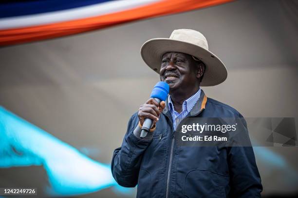 Azimio La Umoja coalition presidential candidate Raila Odinga addresses the crowd during a campaign rally in Kirigiti Stadium, on August 1, 2022 in...