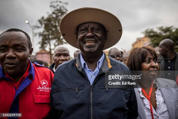 Azimio La Umoja presidential candidate Raila Odinga arrives at a campaign rally in Kirigiti Stadium, on August 1, 2022 in Kiambu, Kenya. Kenyans will...