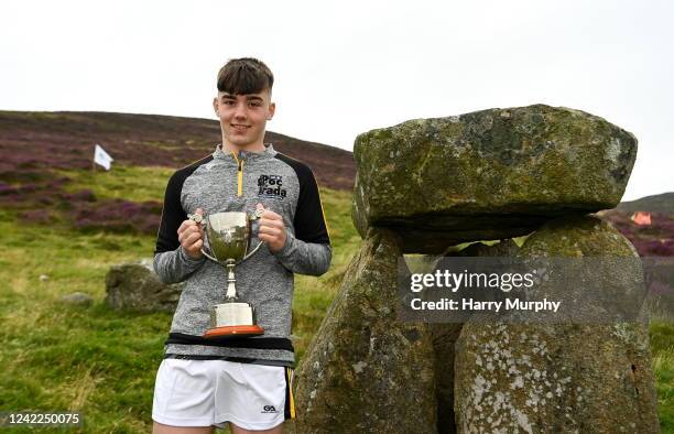 Louth , Ireland - 1 August 2022; Darragh Smith of Westmeath with the under-16 trophy after the M. Donnelly GAA All-Ireland Poc Fada Finals at Cooley...
