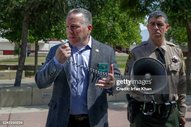 Rosemead, CA Sheriff Alex Villanueva speaks to media after an active shooter drill by Los Angeles County Sheriff's Department at Rosemead High School...