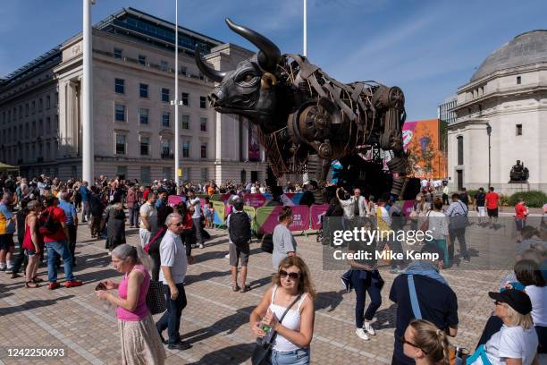 Giant mechanical bull which was the centrepiece of the Birmingham 2022 Commonwealth Games ceremony installed for visitors to see in Centenary Square...