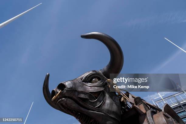 Giant mechanical bull which was the centrepiece of the Birmingham 2022 Commonwealth Games ceremony installed for visitors to see in Centenary Square...