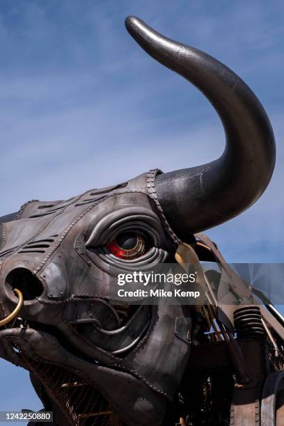 Giant mechanical bull which was the centrepiece of the Birmingham 2022 Commonwealth Games ceremony installed for visitors to see in Centenary Square...