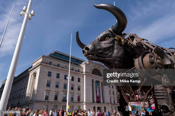 Giant mechanical bull which was the centrepiece of the Birmingham 2022 Commonwealth Games ceremony installed for visitors to see in Centenary Square...