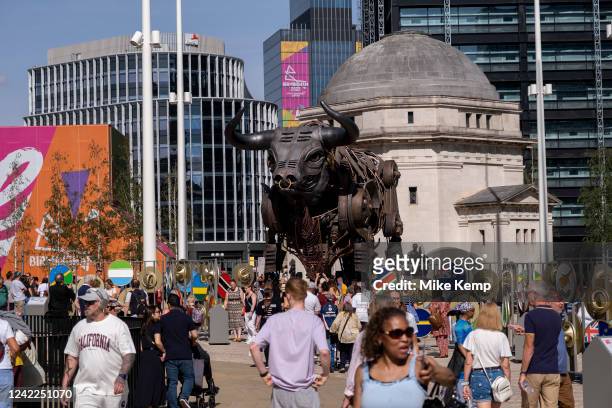 Giant mechanical bull which was the centrepiece of the Birmingham 2022 Commonwealth Games ceremony installed for visitors to see in Centenary Square...
