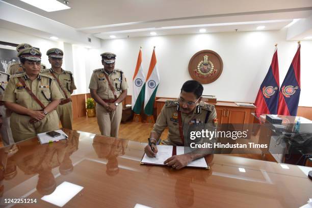 Newly appointed Delhi Police commissioner Sanjay Arora takes charge at the Police Headquarters, on August 1, 2022 in New Delhi, India. He was...