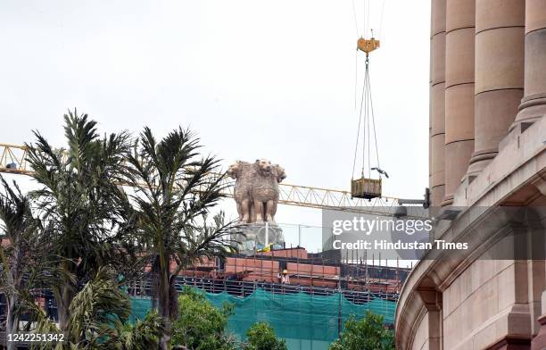 View of construction site of new Parliament building during ongoing Monsoon Session, on August 1, 2022 in New Delhi, India. Both the Houses of the...