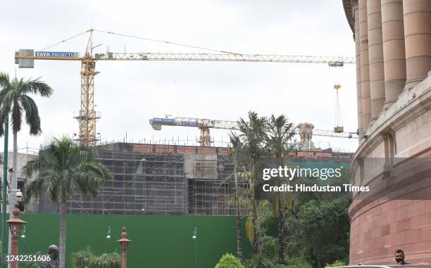 View of construction site of new Parliament building during ongoing Monsoon Session, on August 1, 2022 in New Delhi, India. Both the Houses of the...