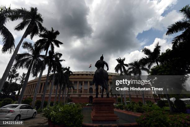 Cloudy weather at Parliament House during ongoing Monsoon Session, on August 1, 2022 in New Delhi, India. Both the Houses of the Parliament were...