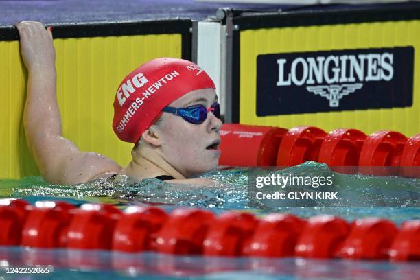 Maisie Summers-Newton celebrates winning and taking the gold medal in the women's 100m breaststroke SB6 swimming final at the Sandwell Aquatics...