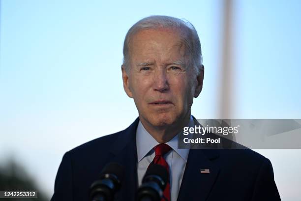 President Joe Biden speaks from the Blue Room balcony of the White House on August 1, 2022 in Washington, DC. Biden announced that over the weekend,...