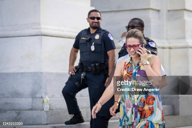 Sen. Kyrsten Sinema exits the U.S. Capitol following a vote on August 1, 2022 in Washington, DC. In the final week before August recess, Senate...