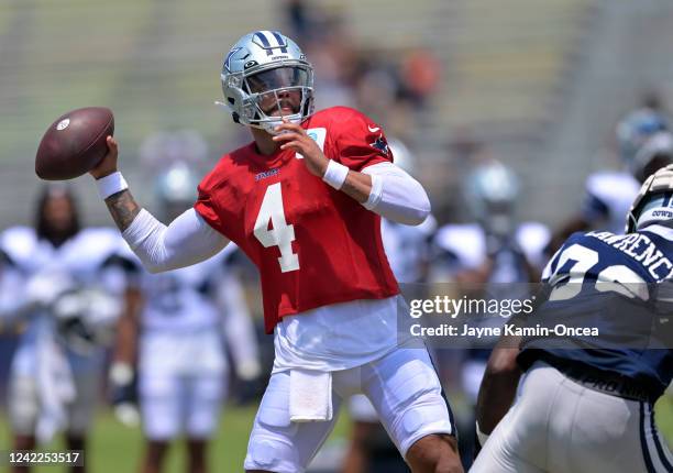 Dak Prescott of the Dallas Cowboys throws a pass during training camp drills at River Ridge Fields on August 1, 2022 in Oxnard, California.