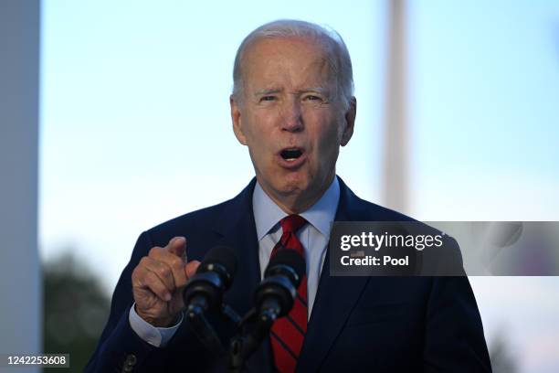 President Joe Biden speaks from the Blue Room balcony of the White House on August 1, 2022 in Washington, DC. Biden announced that over the weekend,...